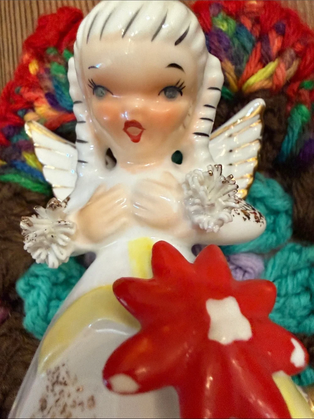 Vintage December Angel Ceramic Figurine - with spaghetti trim.